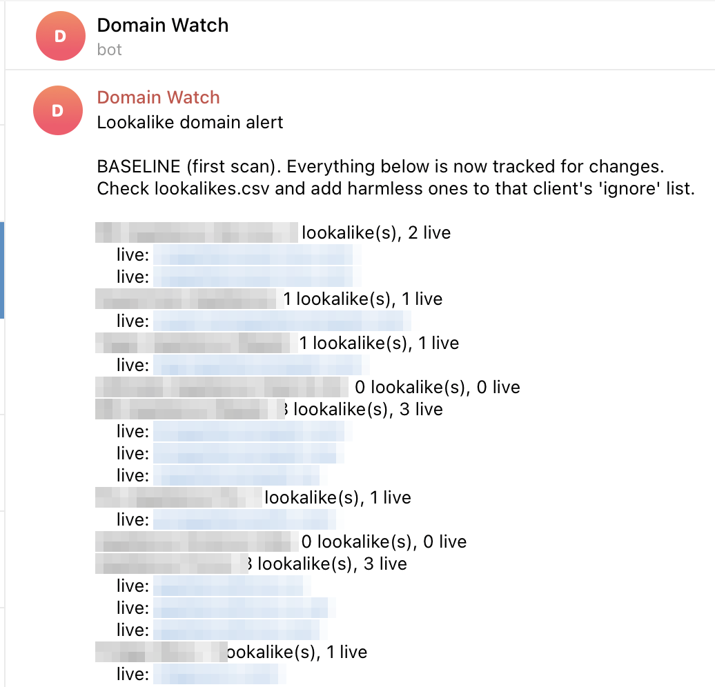 A Telegram message from a bot called Domain Watch: the first baseline scan, listing each client with a count of lookalike domains found and how many are live, client names and domains blurred